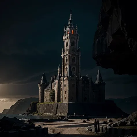 Dark dark castel in the Rocks, high and impregnable castle-tower, with many warriors,