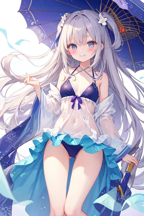 Beautiful illustrations, highest quality, pretty girl,beautiful girl、clear face、 Half-Japanese girl、pastel colour 、blush、Perfect hands、Five fingers、Fantasy、Fantasy、Thighs、(Perfect Face:1.1), smile、Simple swimsuit、bikini