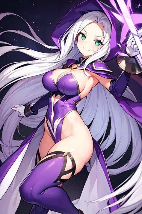 1girl, white hair, purple cape, purple hood, hood up, leotard, long hair, breasts, large breasts, hourglass figure, thick thighs, wide hips, smile, green eyes, purple leotard, thighhighs, purple thighhighs, mature female, cleavage cutout, cleavage, ((shoul...