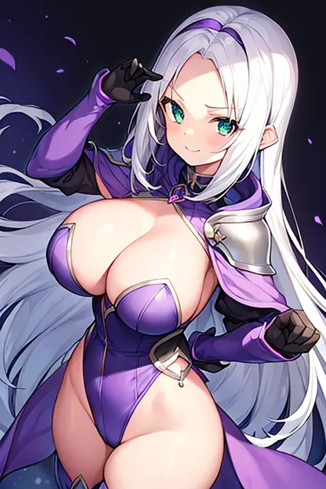 1girl, white hair, purple cape, purple hood, hood up, leotard, long hair, breasts, large breasts, hourglass figure, thick thighs, wide hips, smile, green eyes, purple leotard, thighhighs, purple thighhighs, mature female, cleavage cutout, cleavage, ((shoul...