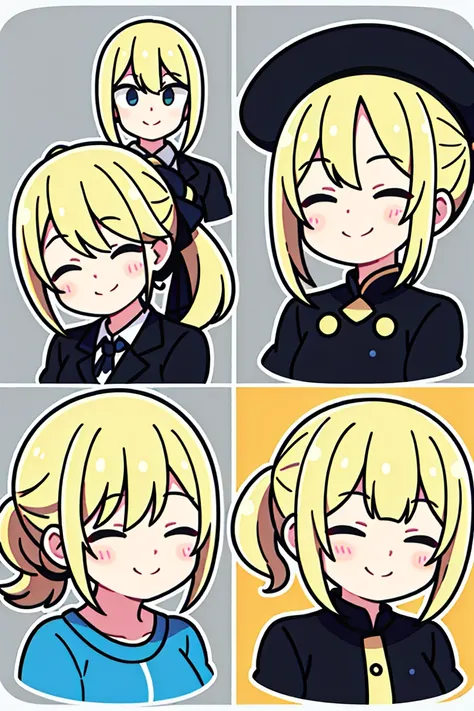 blonde ponytail, closed eyes, smile , neutrality ,1 woman