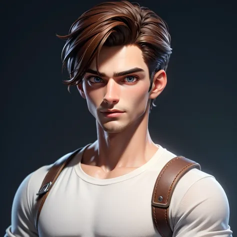 masterpiece, best quality,3d rending work ,3DMM style,close-up,portrait, 3D,male,20 year old, handsome, mature, perfect face, perfect eyes, sculpted jaw, brown hair, short hair, bare forehead, shining brown eyas, masculine, manly, cool, messy, rough, weari...