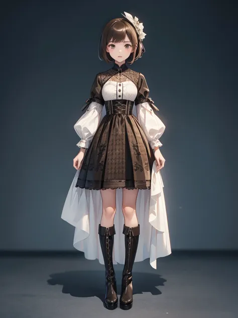 1girl、Standing in front of the viewer、Masterpiece、Official Art、high waist、Brown and dark brown houndstooth A-line dress、Sharp piping at transitions and edges、Super detailed、super beautiful、white straight short hair、Knee-high boots、