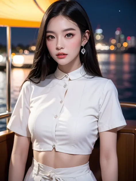 （Original photo of 8K，best qualtiy，tmasterpiece：1.2），（Medium view），the night，Night on a yacht，Sea and night view in the background，best qualtiy，tmasterpiece，（Small mouth：1.2），short- sleeved，short- sleeved，short- sleeved，short- sleeved，an extremely delicate...