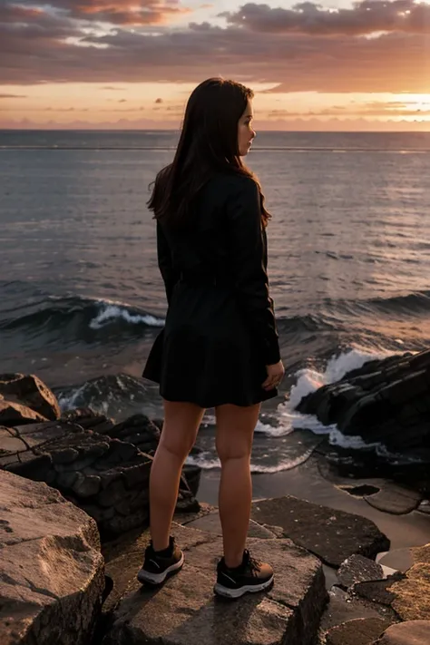 Against the backdrop of sunset, a girl stands on the rocks looking towards the sunset