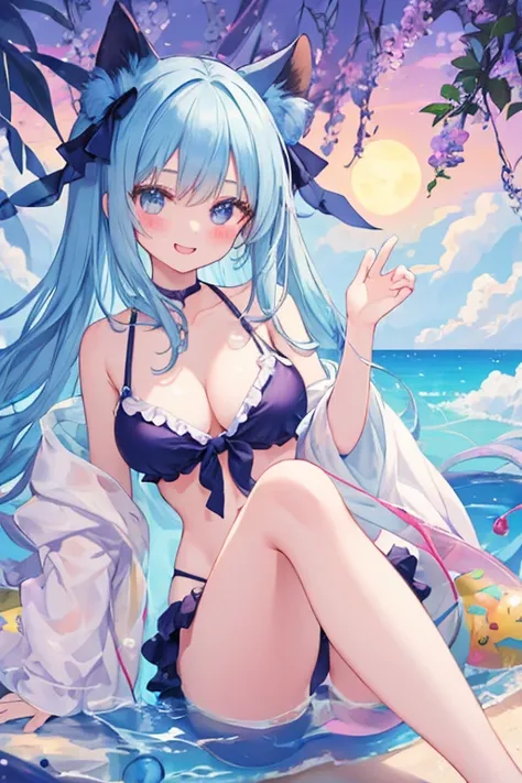 Beautiful illustrations, highest quality, pretty girl,beautiful girl、clear face、 Half-Japanese girl、pastel colour 、blush、Perfect hands、Five fingers、Fantasy、Fantasy、Thighs、(Perfect Face:1.1), smile、Simple swimsuit、bikini、Blue Hair