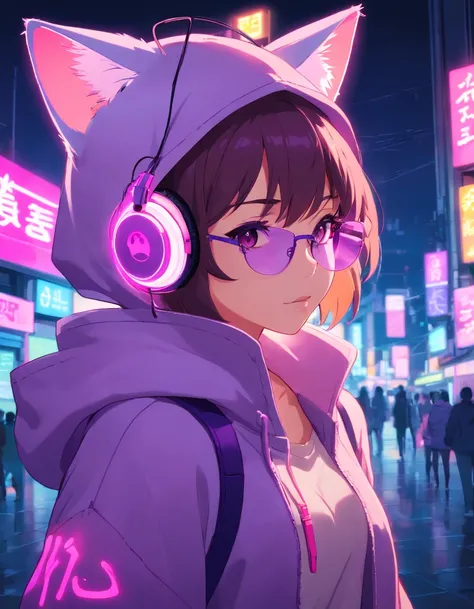 Gel lighting illuminated by pink and purple neon lights on a dark background, with an anthropomorphic cat wearing a hood, sunglasses and headphones as the main subject.”