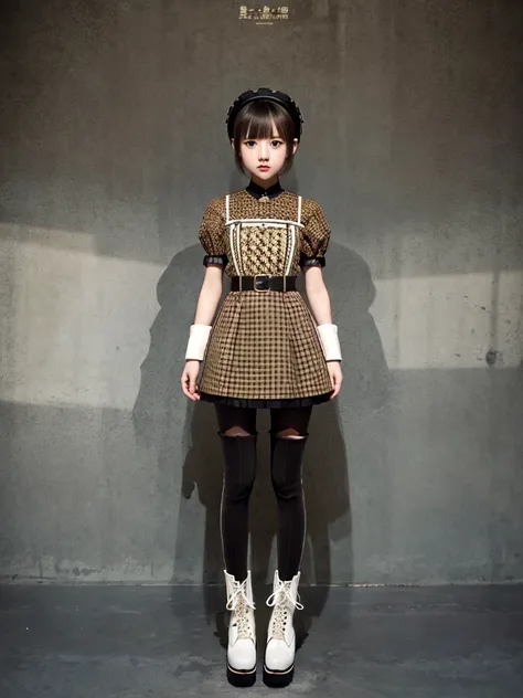 1girl、standing in front of the viewer、masterpiece、official art、high waist、brown and dark brown houndstooth a-line dress、dark pip...