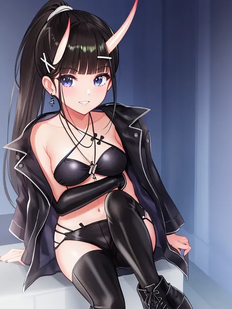 1girl, city,BREAK zozo-nosiro,oni horns,black hair,black eyes, long hair, ponytail, black bikini,black jacket, boots, bracelet,black enamel pants,pendant, BREAK smile,sitting, BREAK, (dark light:1.2),(hyper extreme detailed),(masterpeace:0.5),(hyper extrem...