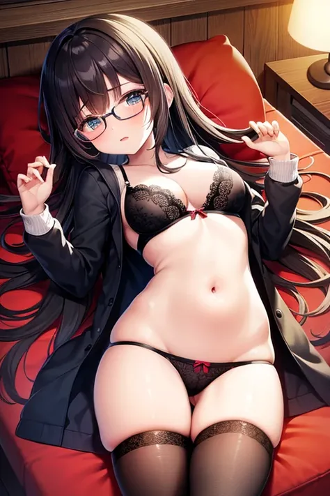 cute　Glasses　underwear　(NSFW) masterpiece　High quality blush girl、Black Hair　A lustful look