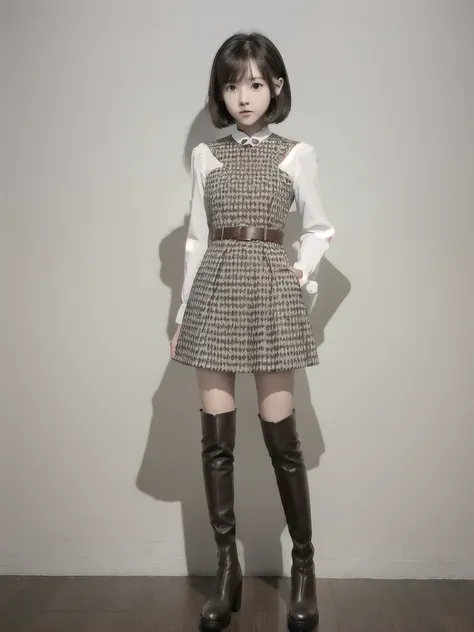 1girl、standing in front of the viewer、masterpiece、official art、high waist、brown and dark brown houndstooth a-line dress、sharp pi...