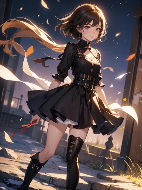 1girl、Standing in front of the viewer、Masterpiece、Official Art、high waist、Brown and dark brown houndstooth A-line dress、Sharp piping at transitions and edges、Super detailed、super beautiful、white straight short hair、Knee-high boots、