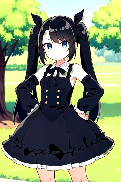 masterpiece, highest quality, Long Hair, Twin tails, Black Hair, blue eyes, Ruffled Dress, Elbow hand pockets, Outdoor, Hands on hips,