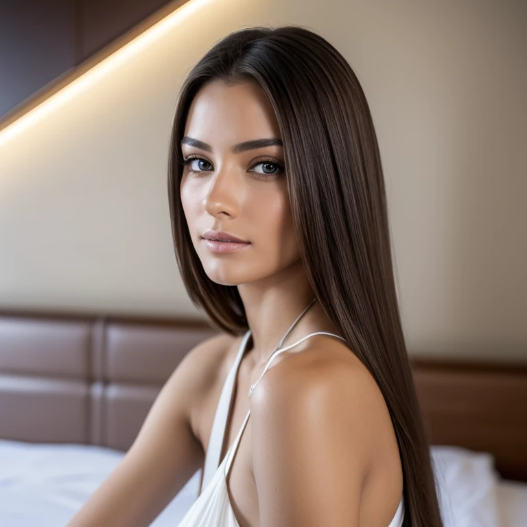 RAW portrait photo of 1 brunette woman with long hair, imagem de perfil, Supermodelo brasileira, morena com cabelos loiros tingidos, seminua, in a floral strap dress, soio, revela seu corpo, transparente, sentada em uma cama de um quarto de hotel de luxo, ...