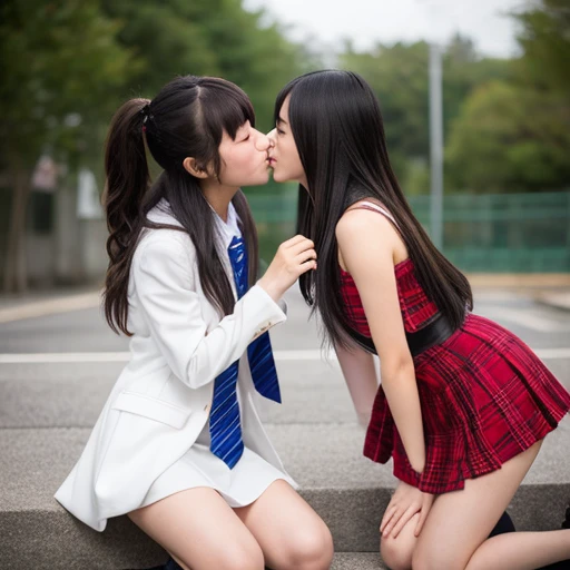 Two Japanese high school girls in revealing clothes kissing