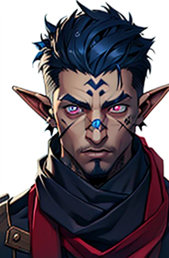 Concept ART, Human Male Young ager , pointer Elf ears,face Tattoo , ((blue pupils))  ,Black hair , red Torn Scarf , Bandage , bones Snack ,Ancient dark magic , dad vides  , 