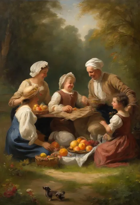 create an ultra realistic, European baroque style image that captures the beauty of the countryside with trees and flowers, and a happy family on a picnic. The scene includes a young, athletic father with a cap and short black hair, a young, slightly chubb...