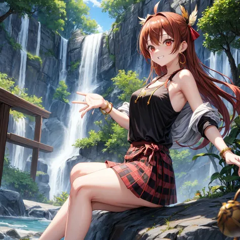 Brown, red, gold, golden hair、Red eyes、One good looking girl、solo、anime、Checkered mini skirt、Black camisole、Black T-shirt、hoodie、Wearing a ribbon、Ribbon on waist、Crystal Earrings、treasure石のネックレス、Light and shadow、Tilting face、Teeth are visible、Marble pillar...