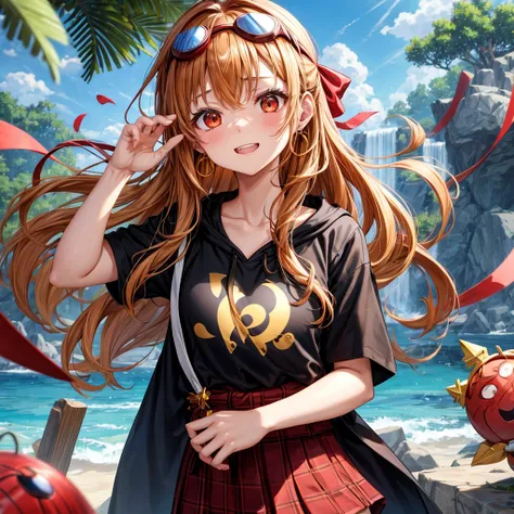 Brown, red, gold, golden hair、Red eyes、One good looking girl、solo、anime、Checkered mini skirt、Black camisole、Black T-shirt、hoodie、Wearing a ribbon、Ribbon on waist、Crystal Earrings、treasure石のネックレス、Light and shadow、Tilting face、Teeth are visible、Marble pillar...