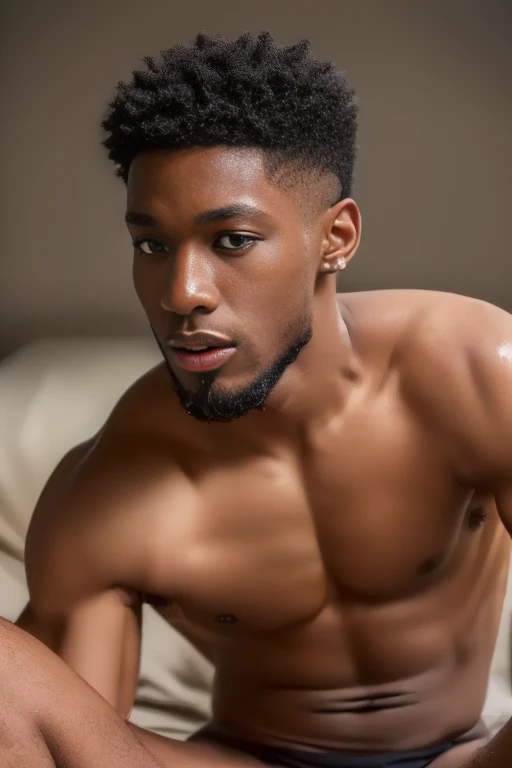 (best quality, 8k, highres, photorealistic:2.0), (solo),(one male:2.0),(black men:1.5),(shirtless black man),(short hair men),(black men hairstyle),(very muscular),(looks young),(mini thong),(Ecstasy with amazing orgasms:1.5),