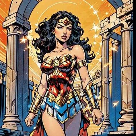 draw a beautiful white woman, she is a demigod godness, wonder woman, she is wearing a red greek armor with a golden bird symbol...