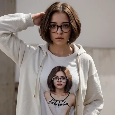 Chica joven con el pelo rubio,con lentes,pelo corto,con sudadera,cuerpo atractivo