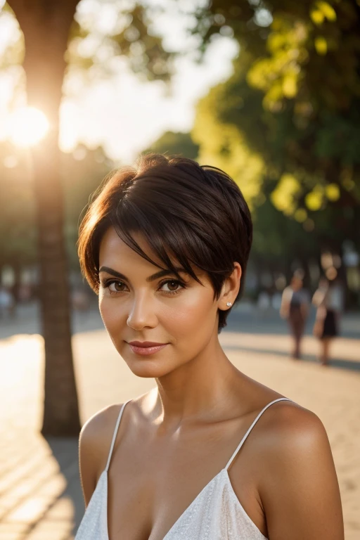 A photorealistic image of a 50-year-old woman with a fashionable short haircut, luxurious dark hair and captivating brown eyes, filming a photo shoot for a Parisian brand. Her expression should be natural and inviting, illuminated by the soft, warm light o...