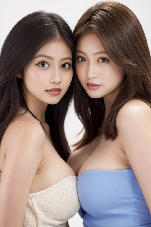 highest quality, Ultra-high resolution, (Realistic:1.4), Raw photo, 32K Portrait, Very detailed,Two Girls、Two Girls、Leaning forward、Huge Breasts、Cleavage、The two of them stare at each other.、Super busty bandeau dress