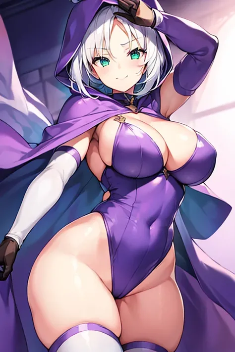 1girl, white hair, purple cape, purple hood, hood up, leotard, very short hair, short hair, breasts, large breasts, hourglass figure, thick thighs, wide hips, smile, green eyes, purple leotard, thighhighs, purple thighhighs, mature female, cleavage cutout,...