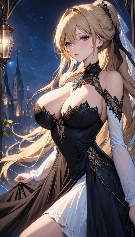 masterpiece:1.4,best-quality,Super Detail,Very Delicate and Beautiful, ( Confined Lady ), beautiful and kind lady, blonde long hair, very gigantic breasts, very slender, perfect face, black princess dress, at night