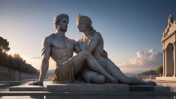 An enormous statue of Constantine the Great, "The Emperor", with a cute girl cuddling up to its neck. The serene and clear sky before dawn. A moment of tranquility. A spacious marble floor. Outdoors. A genuine treasure from the Capitoline Museums in Italy....