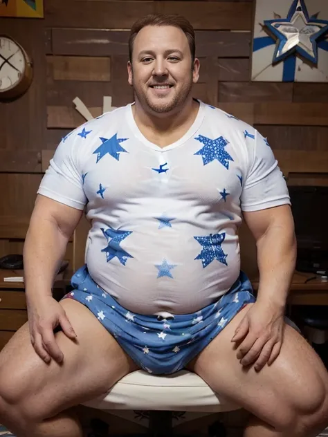 
Only plump, chubby, extremely thick thighs, large belly, wearing only red swim trunks,((((Kevin James Actor and Comedian Overview)))),       (detalhado eyes, detalhado clothing, sorriso pretensioso, Sorriso Sedutor, Peito peludo, lying in desk chair, desk...