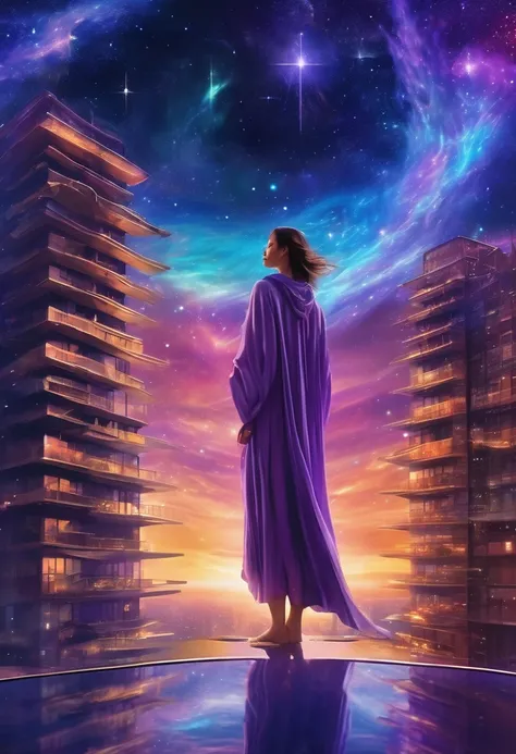 Female figure standing on the roof of a high-rise building, (Roof Focus), Surrounded by a vortex of cosmic energy, dreaming, Hazy landscape, The flowing starlight wraps around the human figure, A flowing robe that blends in with the galaxy, The sky is a ta...