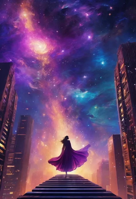 Female figure standing on the roof of a high-rise building, (Roof Focus), Surrounded by a vortex of cosmic energy, dreaming, Hazy landscape, The flowing starlight wraps around the human figure, A flowing robe that blends in with the galaxy, The sky is a ta...