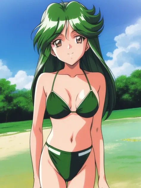 aso kasumi tm2, one girl, alone, long hair, green hair, bag, retro artstyle, smile, brown eyes, 1990s (style), bikini,swimwear,v...