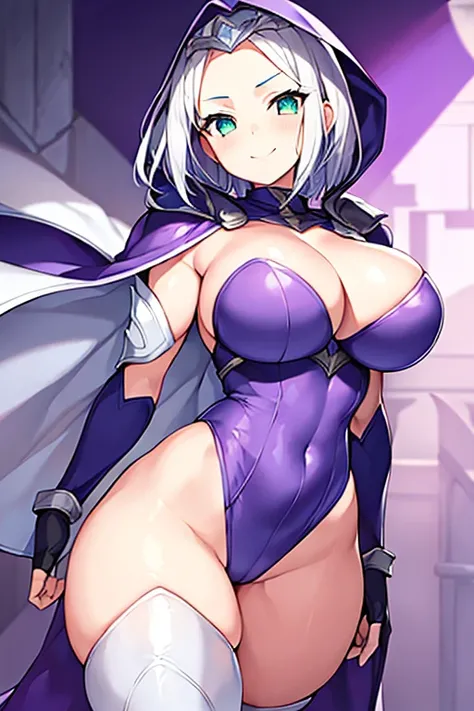 1girl, white hair, purple cape, purple hood, hood up, leotard, very short hair, short hair, breasts, large breasts, hourglass figure, thick thighs, wide hips, smile, green eyes, purple leotard, thighhighs, purple thighhighs, mature female, cleavage cutout,...