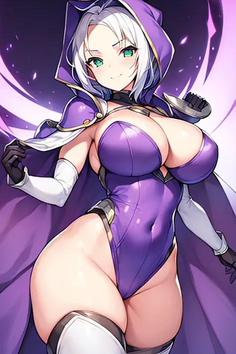 1girl, white hair, purple cape, purple hood, hood up, leotard, very short hair, short hair, breasts, large breasts, hourglass figure, thick thighs, wide hips, smile, green eyes, purple leotard, thighhighs, purple thighhighs, mature female, cleavage cutout,...