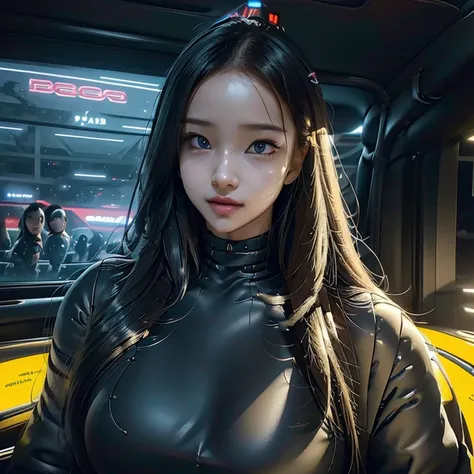 Artificial intelligence self-driving car driver robots,
 All the robots are cute girls,
 From top to bottom, everything is combined with colorful cars..,
 All robots are drivers.,
 Cars all come in different shapes and sizes.,
 Realistic,
 Octane Rendering...