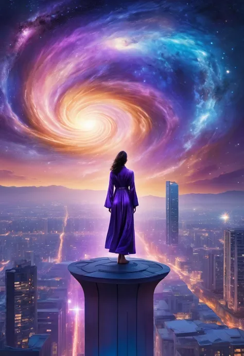 Female figure standing on the roof of a high-rise building, (Roof Focus), Surrounded by a vortex of cosmic energy, dreaming, Hazy landscape, The flowing starlight wraps around the human figure, A flowing robe that blends in with the galaxy, The sky is a ta...