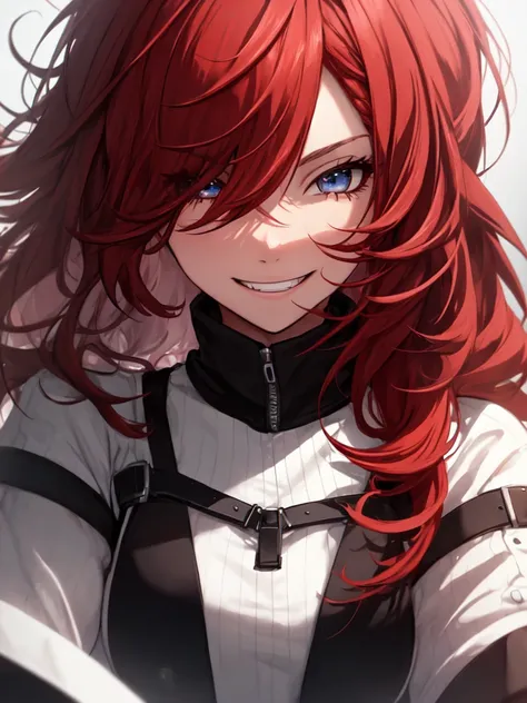 (best quality),(ultra detailed),(extremely detailed),(absolutely resolution) ,absurdres,8k, 1girl, grin, ultra detailed eyes, long hair, messy hair, (red hair:1.2), 