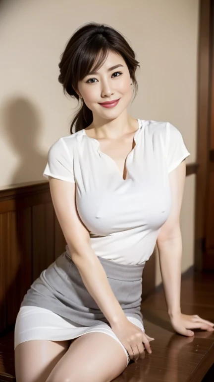 (highest quality,8k,masterpiece),
日本人Mature Woman,40 years,Mature Woman,Pure white skin,
Description of big breasts Sitting with legs spread,A gentle smile、A gaze that seduces viewers、White blouse、Grey tight skirt、