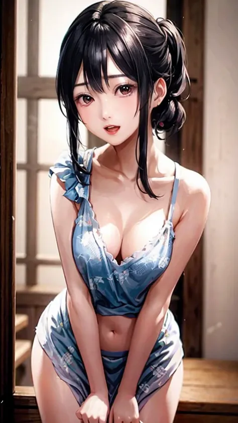 An old building with a calm atmosphere、A beautiful girl with a super cute face、Highest quality high definition images with emphasis on big breasts、(Small face)、With her body leaning forward, her cleavage and belly button are completely visible、Cute pink sl...