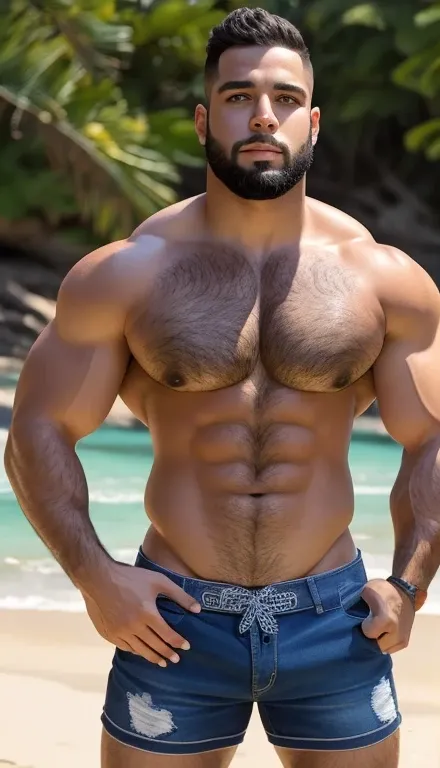 Um retrato de corpo inteiro deitado na areia da praiaUm balg trativo de meia idade Forte, muscular, barriga grande e peluda, hairy chest and abdomen wearing ripped shorts showing huge leg muscles, hairy pubis, na praia, molhado, Muito detalhado, filmado em...