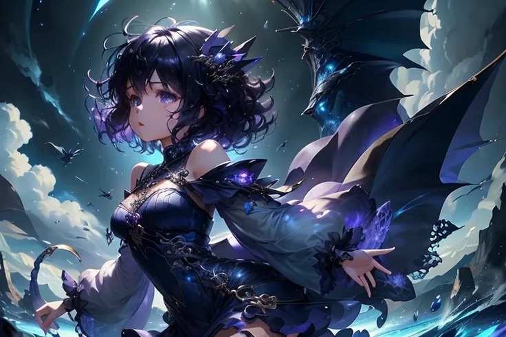 Fantasy,Bright atmosphere,Girl,teenager,Floating in the sky,Hover,Put your right hand forward:1.8,Facing left,Purple clothes,short hair,Curly hair,Black Hair,Spiky Tiara,A giant blue dragon behind the girl,Dragon Breath,Full body view,blue sky,sky,cloud