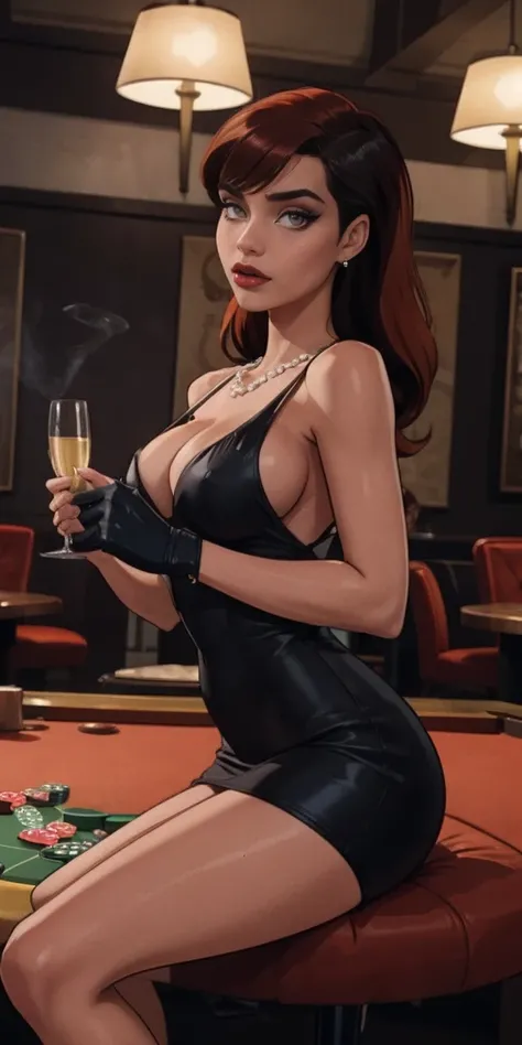 A woman member of the mafia of the 50s, His presence is impressive. she is tall and slender, com curvas elegantes, combed black hair with soft waves and intense red lips. His eyes are sharp and expressive and shine like blue dimensions. [2] Ela veste um ve...