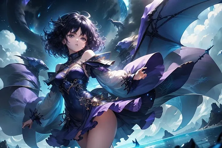 Fantasy,Bright atmosphere,Girl,teenager,Full body view,Floating in the sky,Hover,Put your right hand forward:1.8,Facing left,Purple clothes,short hair,Curly hair,Black Hair,Spiky Tiara,A giant blue dragon behind the girl,Freezing dragon Breath,blue sky,sky...