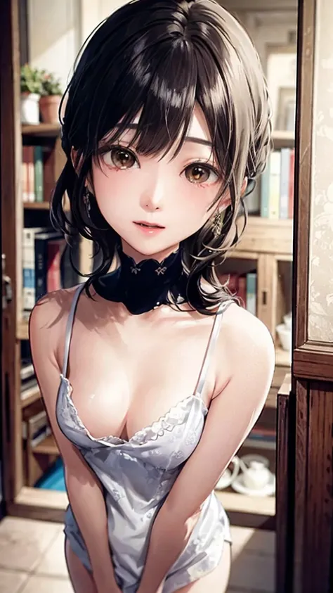 An old building with a calm atmosphere、A beautiful girl with a super cute face、High-definition images with the highest level of emphasis on big breasts、(Small face)、Her big breasts are completely visible all the way down to her chest as she leans forward.、...