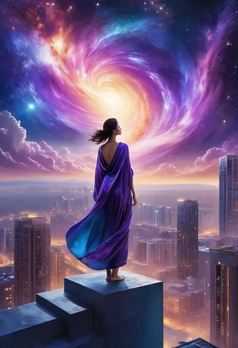 Female figure standing on the roof of a high-rise building, (Roof Focus), Surrounded by a vortex of cosmic energy, dreaming, Hazy landscape, The flowing starlight wraps around the human figure, A flowing robe that blends in with the galaxy, The sky is a ta...