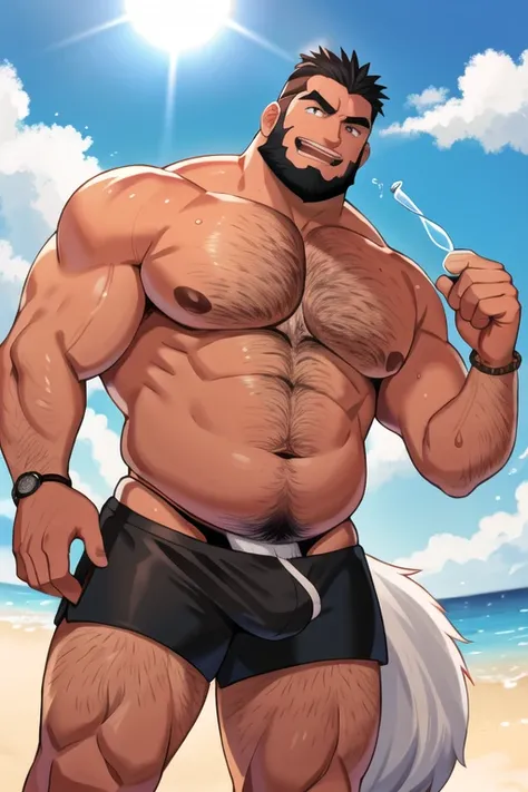 ((a fat bearded man zangief personagem do jogo Street fight 6))),walking barefoot on the beach ((wearing only red swim speedo)),(he doesnt wear a t-shirt),(he doesnt wear shorts), sunglasses, smiling, holding a glass of wine, short white hair, watch on the...