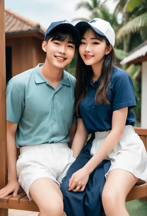 ASIAN couple, 22 year old man with short hair, white Levis pants, Snapback hat, wearing white Nike shoes. wearing Twins clothes. Beautiful 20 year old Asian woman. Long straight black hair, neat, wearing twins t-shirt, baseball cap, wearing dark blue Levis...